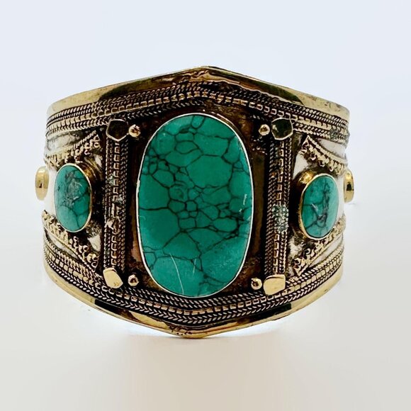 Kuchi Cuff, Afghan, Vintage Bracelet, Green Jasper, Composite Stone, Silver Cuff - Picture 3 of 5